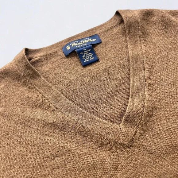 Brooks Brothers Sweater Men's XL Brown V-Neck Merino Wool Blend Stretch Preppy